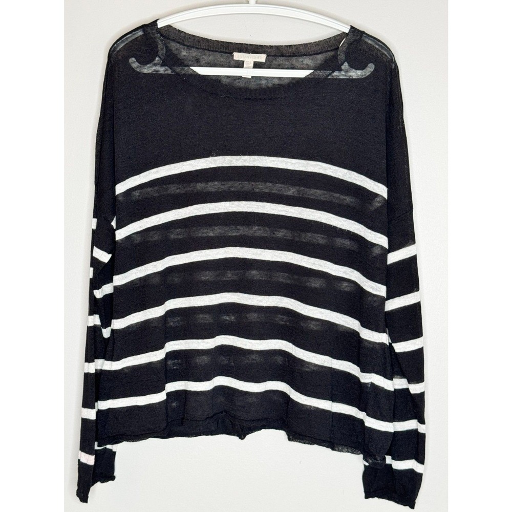 Eileen Fisher Sheer Linen Nautical Stripe Boxy Sheer Vacation Top Black White XL - Picture 2 of 7